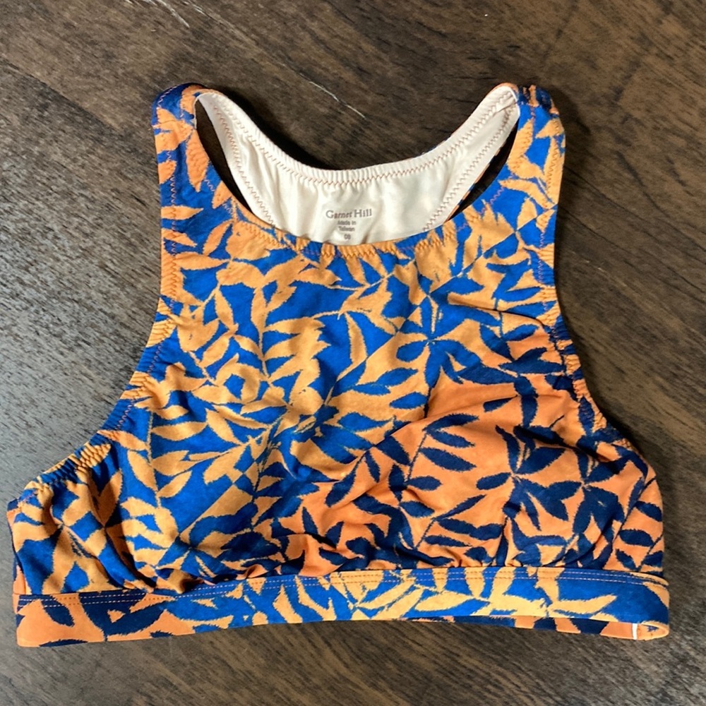 Garnet Hill Sport Bra Orange Blue Tropical Leaves Pattern, size 8 (SUM 208)